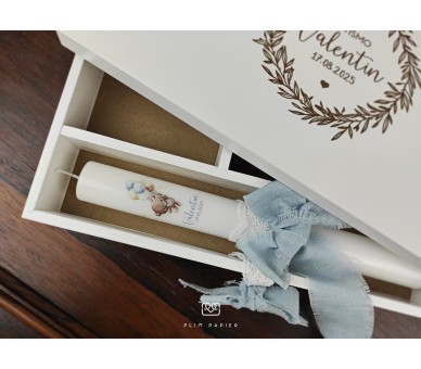 Vela batismo fita de veludo, decoração com flores preservadas e estampa