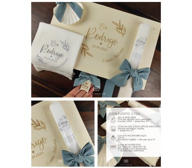 CJ24 CONJUNTO COMPLETO - Caixa, concha, vela + toalha estampada