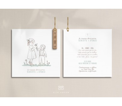 Convite com ilustração menina e menino - etiqueta de madeira + envelope com etiqueta- batismo, comunhão