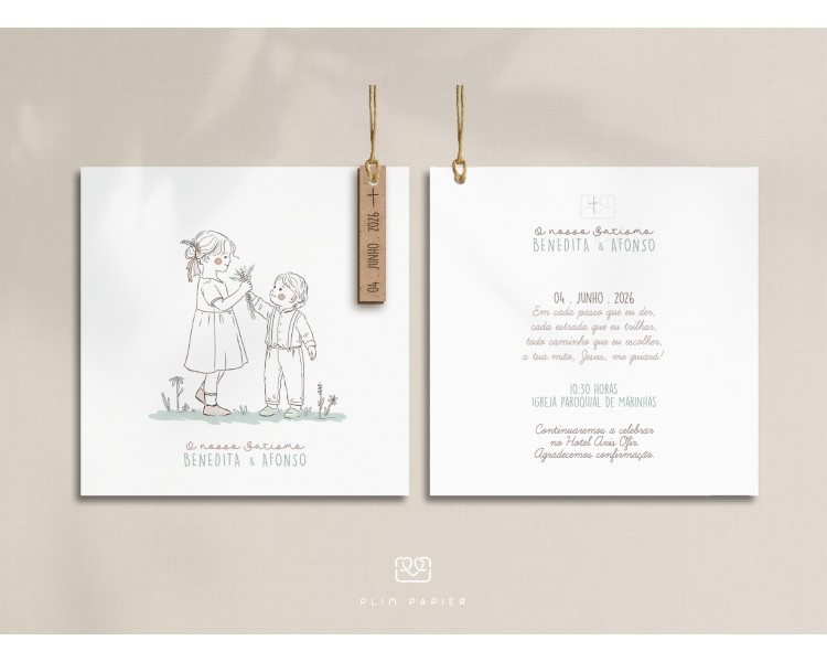 Convite com ilustração menina e menino - etiqueta de madeira + envelope com etiqueta- batismo, comunhão