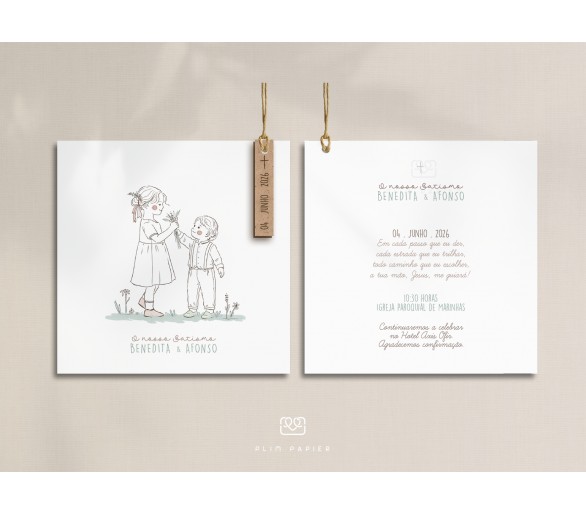 Convite com ilustração menina e menino + etiqueta de madeira