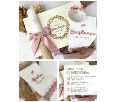CJ1 CONJUNTO COMPLETO - caixa, vela floral, toalha bordada, concha floral