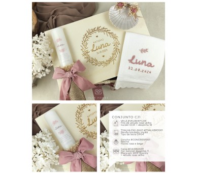 CJ1 CONJUNTO COMPLETO - caixa, vela floral, toalha bordada, concha floral