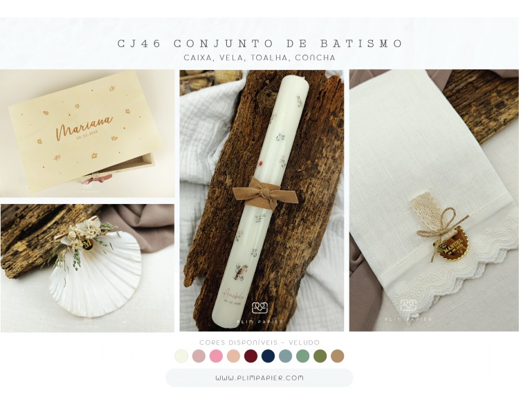 CJ46 CONJUNTO DE BATISMO COMPLETO - Caixa, concha e vela, toalha