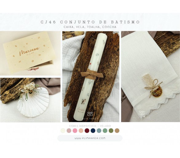 CJ46 CONJUNTO DE BATISMO COMPLETO - Caixa, concha floral, vela 360º + toalha com placa