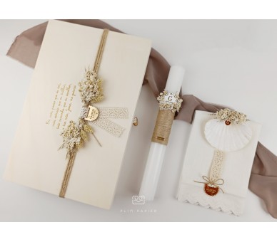 CJ45 CONJUNTO COMPLETO - Caixa, concha e vela florais + toalha com placa