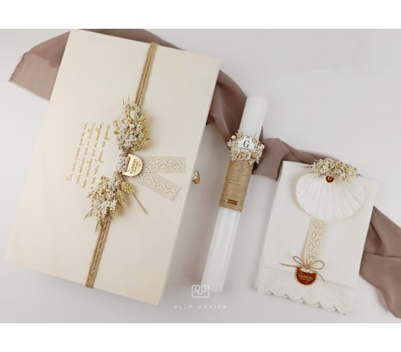 CJ45 CONJUNTO COMPLETO - Caixa, concha e vela florais + toalha com placa