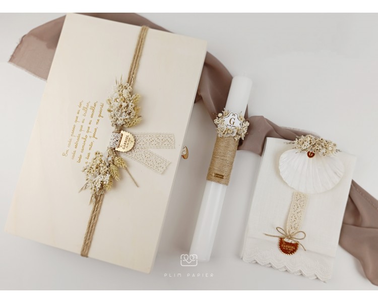CJ45 CONJUNTO COMPLETO - Caixa, concha e vela florais + toalha com placa