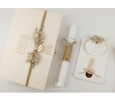 CJ45 CONJUNTO COMPLETO - Caixa, concha e vela florais + toalha com placa
