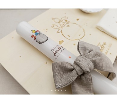 CJ36 CONJUNTO COMPLETO O pequeno príncipe - Caixa, concha e vela com laço em linho + toalha estampada