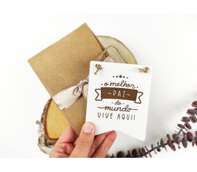 mini placa O MELHOR PAI + embalagem com etiqueta de madeira