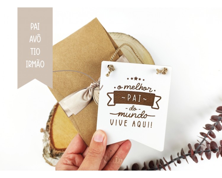 mini placa O MELHOR PAI + embalagem com etiqueta de madeira