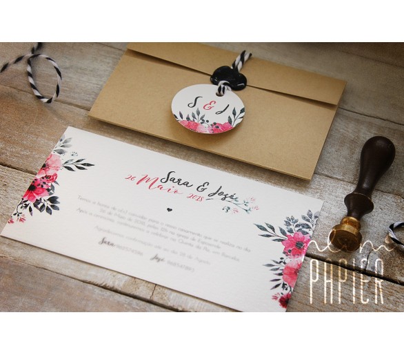 convite floral + envelope kraft com lacre e etiqueta - 1716