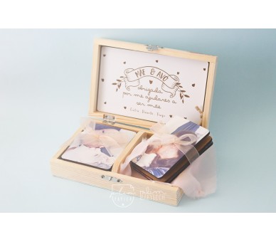 caixa de madeira personalizada com texto + imans de madeira com fotografias