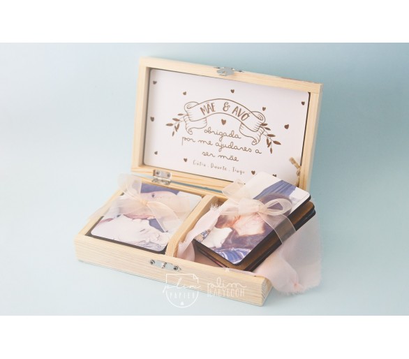 caixa de madeira personalizada com texto + imans de madeira com fotografias