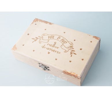 caixa de madeira personalizada com texto + imans de madeira com fotografias