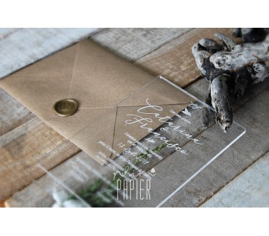 Convite de casamento em acrílico, gravado a laser + envelope com lacre