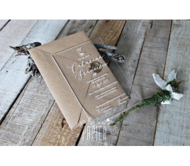 Convite de casamento em acrílico, gravado a laser + envelope com lacre