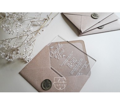 Convite de casamento em acrílico, gravado a laser + envelope com lacre 2
