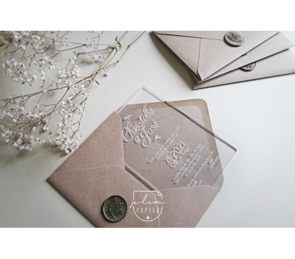 Convite de casamento em acrílico, gravado a laser + envelope com lacre 2