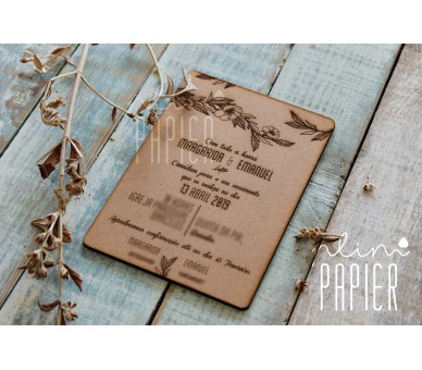 Convite de casamento em MDF CRU, gravado a laser + envelope com lacre 2