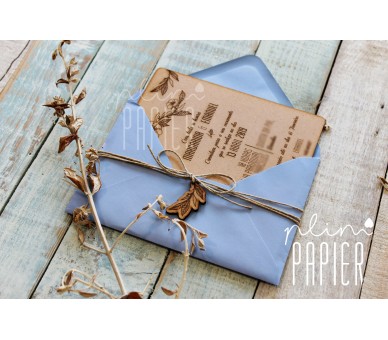 Convite de casamento em MDF CRU, gravado a laser + envelope com lacre 2