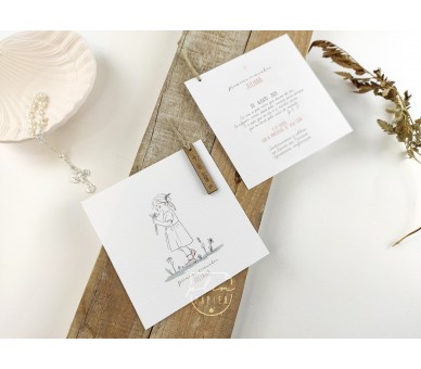 Convite com ilustração menina - etiqueta de madeira + envelope com etiqueta- batismo, comunhão