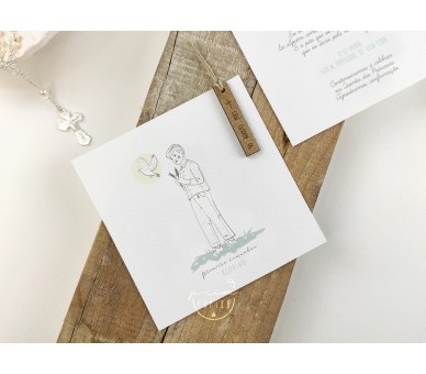 Convite com ilustração menina - etiqueta de madeira + envelope com etiqueta- batismo, comunhão