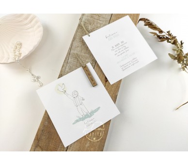 Convite com ilustração menina - etiqueta de madeira + envelope com etiqueta- batismo, comunhão