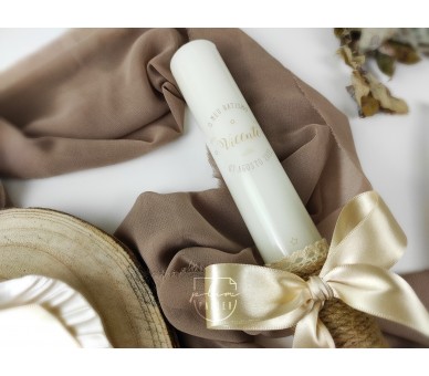 Vela batismo fita de veludo, decoração com flores preservadas e estampa