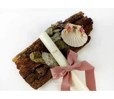 Vela batismo fita de veludo, decoração com flores preservadas e estampa