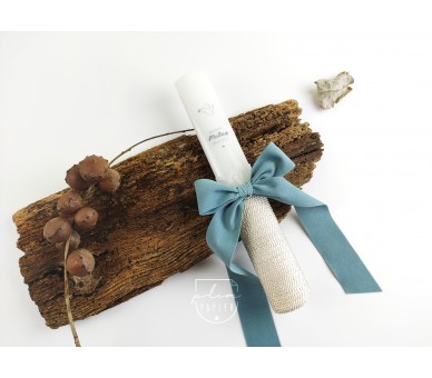 Vela batismo fita de veludo, decoração com flores preservadas e estampa