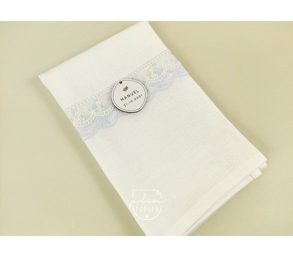 Toalha batismo com renda + placa folhas