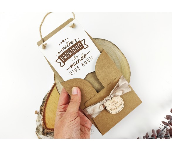 mini placa O MELHOR PADRINHO + embalagem com etiqueta de madeira