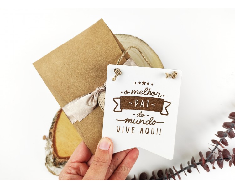 mini placa O MELHOR PAI + embalagem com etiqueta de madeira