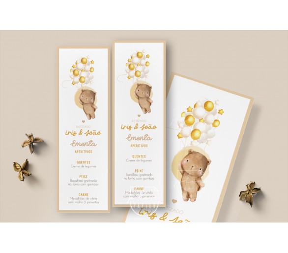Ementa urso de peluche ilustrado com balões - cores personalizáveis