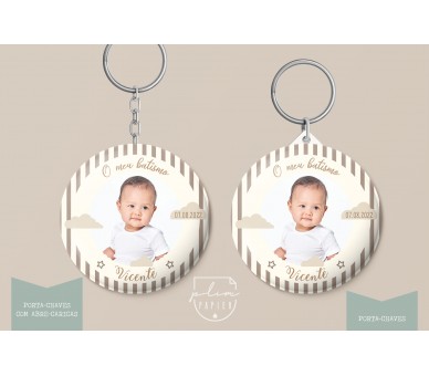 lembrança para batismo, comunhão, aniversário - porta-chaves com impressão de fotografia - tema nuvens, estrela riscas