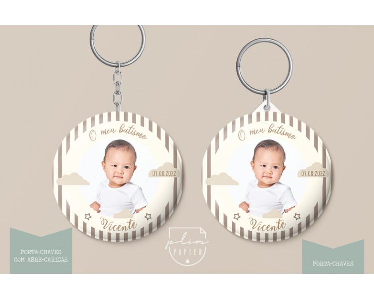 lembrança para batismo, comunhão, aniversário - porta-chaves com impressão de fotografia - tema nuvens, estrela riscas