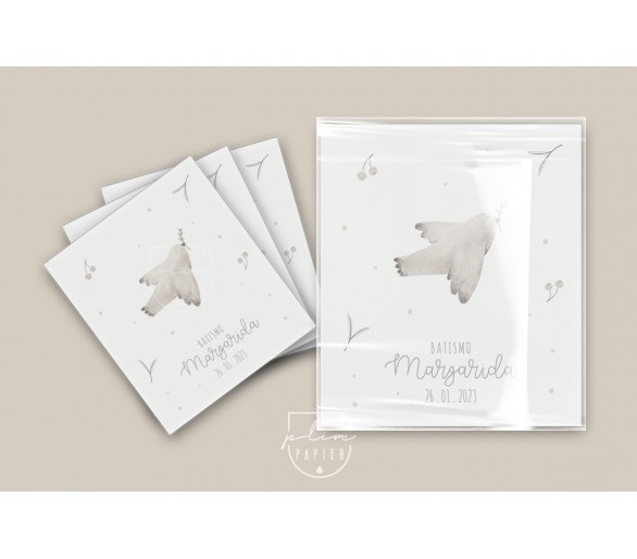 Embalagem transparente com papel impresso - tema pomba - Pureza