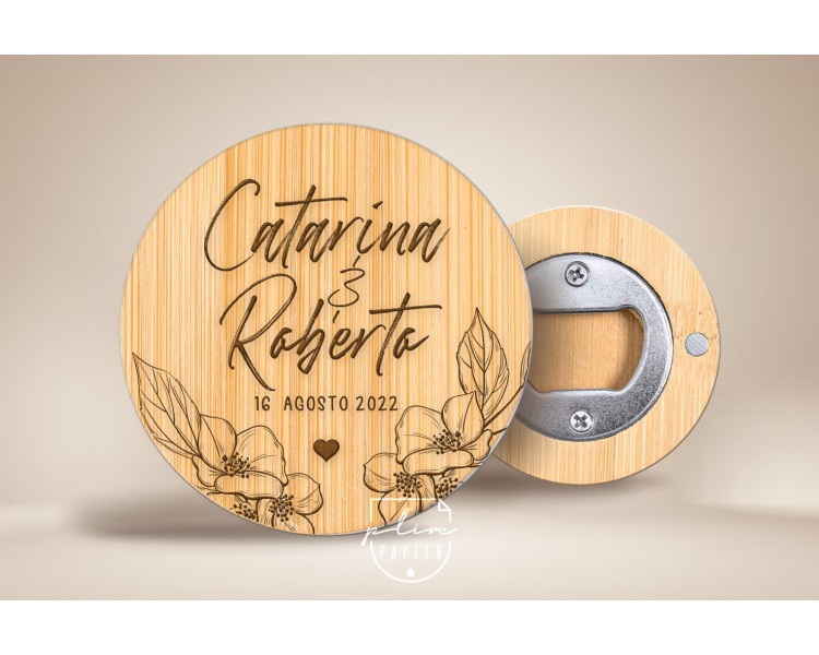 Abre-caricas em madeira bambu - tema floral - Lembrança de casamento ou bodas