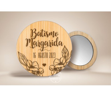 Espelho em madeira bambu - tema floral - Lembrança de batismo, comunhão, aniversário