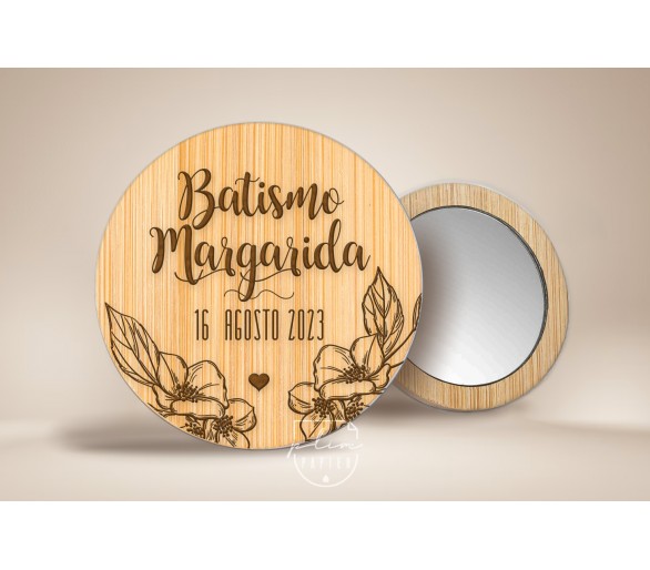 Espelho em madeira bambu - tema floral - Lembrança de batismo, comunhão, aniversário