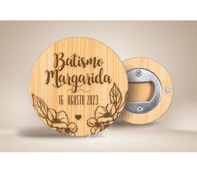 Abre-caricas em madeira bambu - tema floral - Lembrança de batismo, comunhão, crisma, aniversário