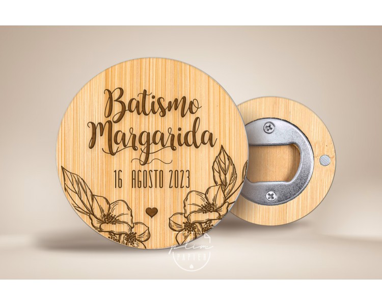 Abre-caricas em madeira bambu - tema floral - Lembrança de batismo, comunhão, crisma, aniversário