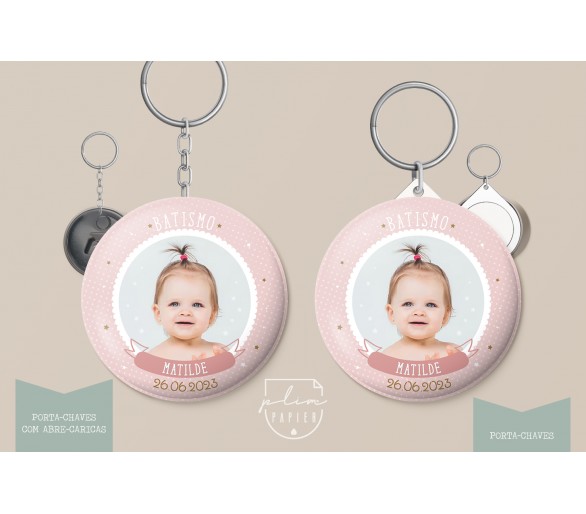 lembrança para batismo, comunhão, aniversário - porta-chaves com impressão de fotografia - tema nuvens, estrela riscas