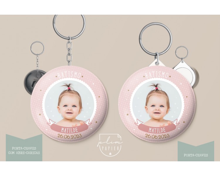 lembrança para batismo, comunhão, aniversário - porta-chaves com impressão de fotografia - tema nuvens, estrela riscas