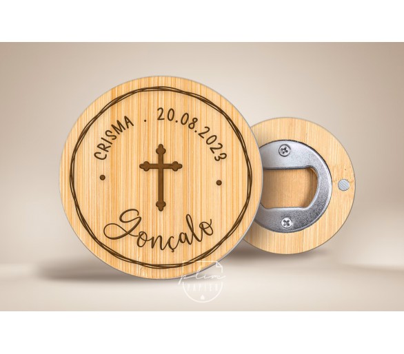 Abre-caricas em madeira bambu - temática religiosa - cruz - Lembrança de batismo, comunhão, crisma, aniversário